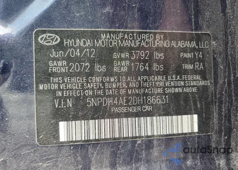 2013 Hyundai Elantra Gls z USA, uszkodzony, nr VIN 5NPDH4AE2DH186631